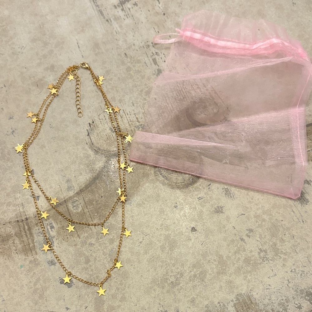 Gold Star Necklace with Pink Pouch